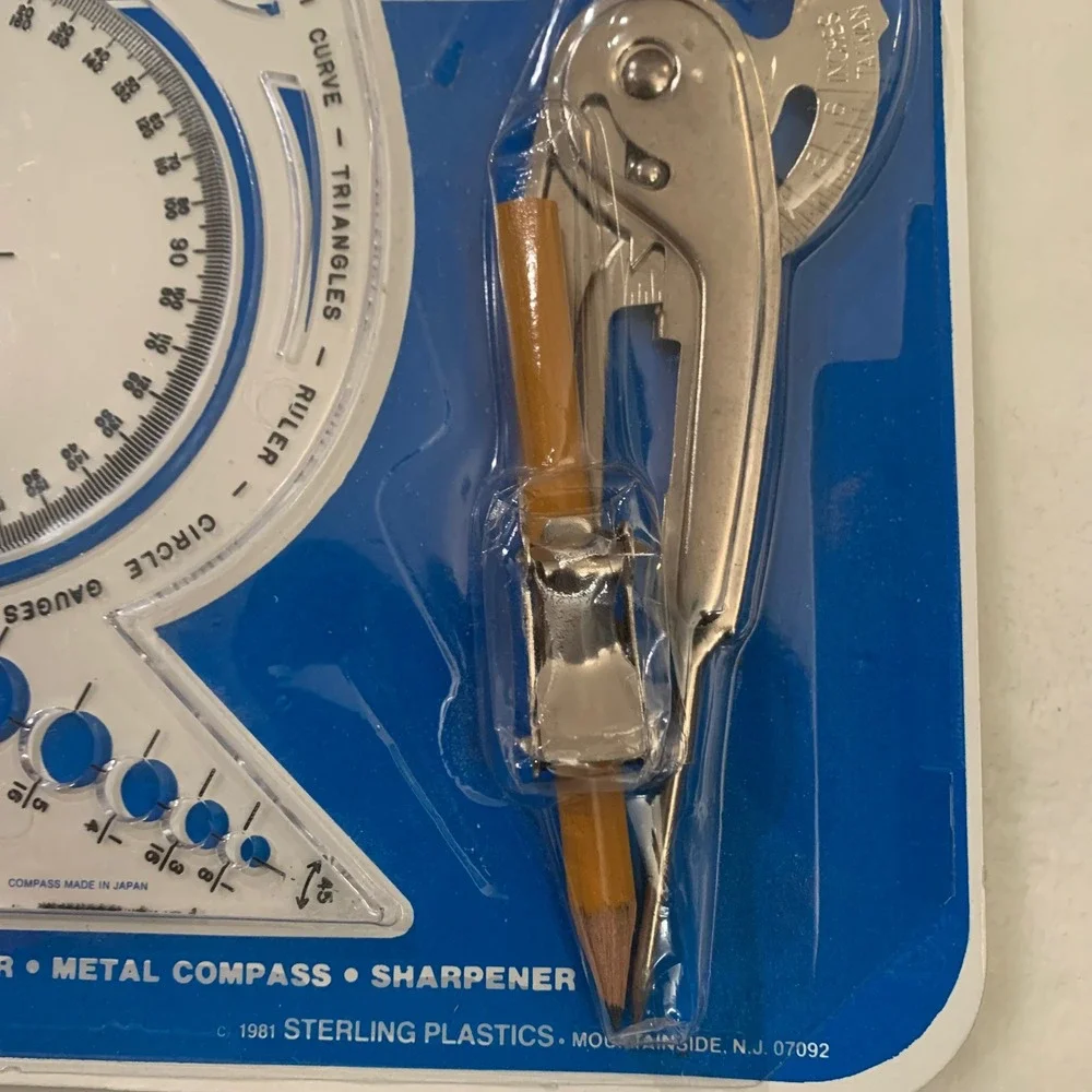 Sterling School‎ Kit 7 in 1 Protractor Metal Compass Sharpener New Vintage NOS
